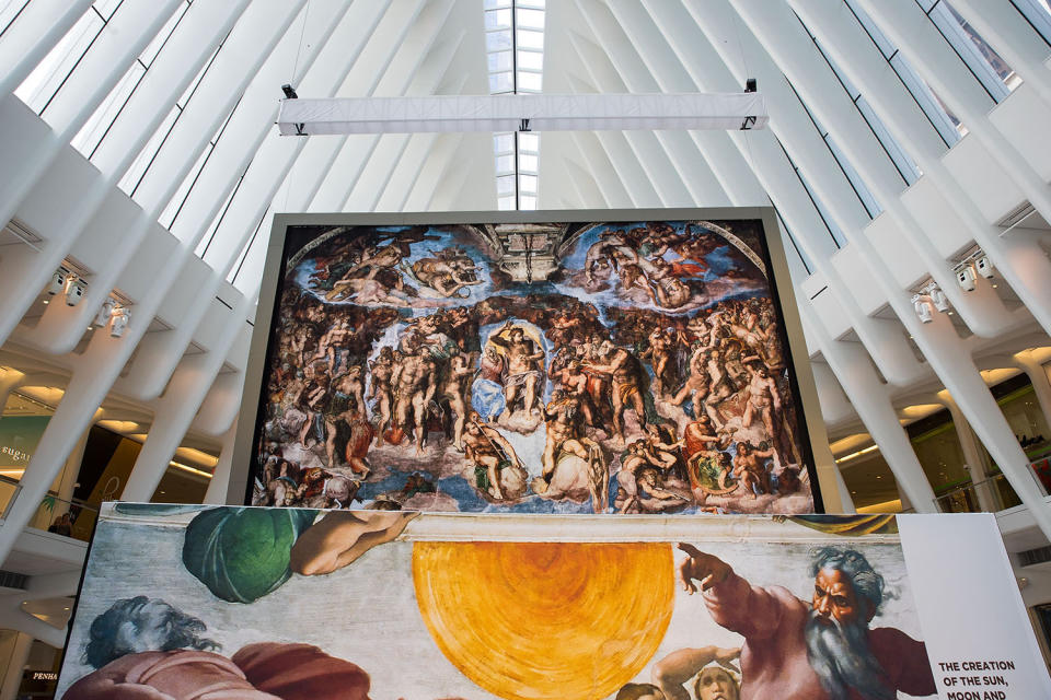 <p>Replicas of Michelangelo’s Sistine Chapel frescoes are displayed inside of the Oculus at the World Trade Center Transportation Hub in New York City. The exhibit contains 34 nearly life-size copies of the frescoes. (Photo by Drew Angerer/Getty Images) </p>