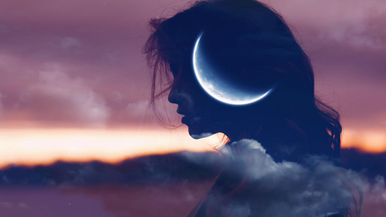  Woman profile silhouette portrait with moon in her head 