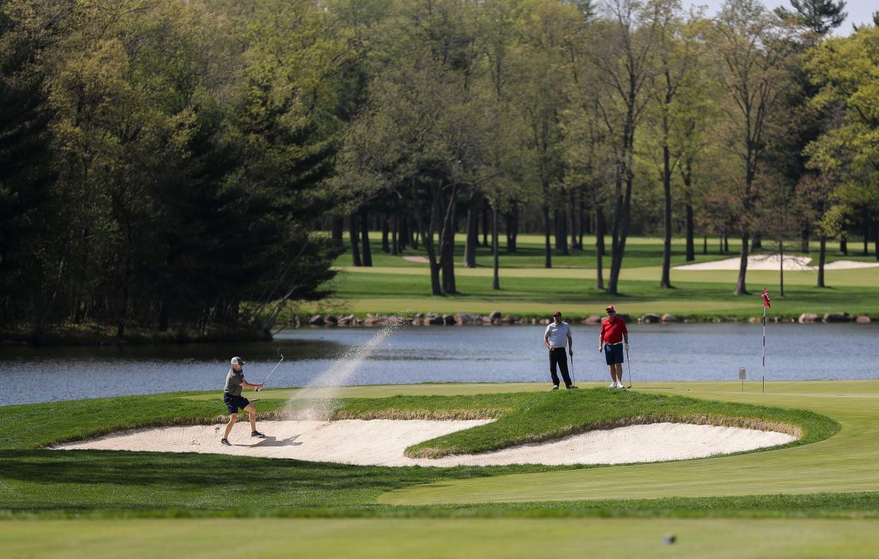 A golfer hits his ball out of a greenside bunker on the third hole during the 2023 U.S. Senior Open media day on Monday, May 15 at Sentry World in Stevens Point. Sentry World hosted the tournament from June 29 to July 2.