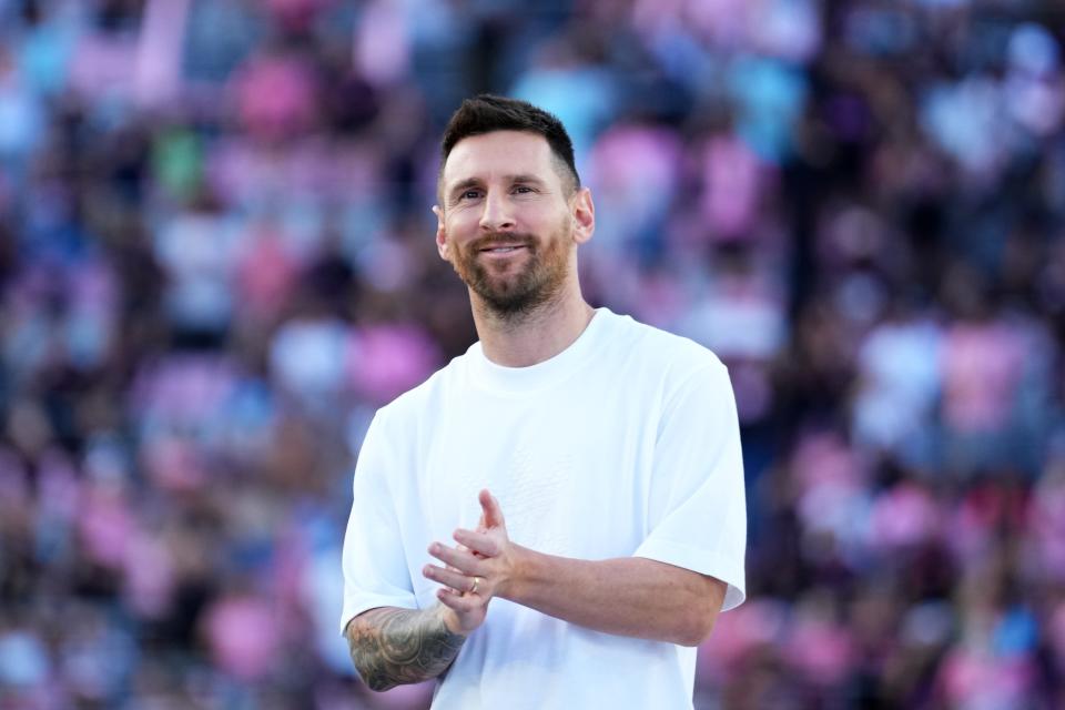 Jul 20, 2024; Fort Lauderdale, Florida, USA; Inter Miami CF forward Lionel Messi (10) smiles during a ceremony to honor him after Argentina won the 2024 Copa America final before the match between Inter Miami CF and Chicago Fire FC at Chase Stadium. Mandatory Credit: Rich Storry-USA TODAY Sports