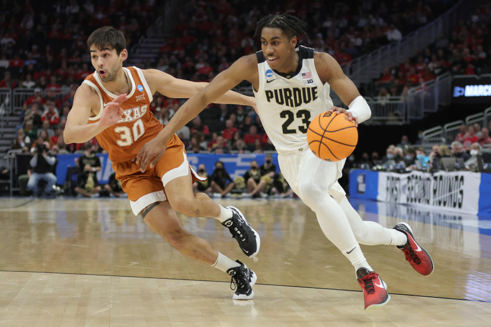 Jaden Ivey has not worked out for the Sacramento Kings, who hold the No. 4 pick in the NBA draft, even though he has been projected in that slot for weeks. (Stacy Revere/Getty Images)