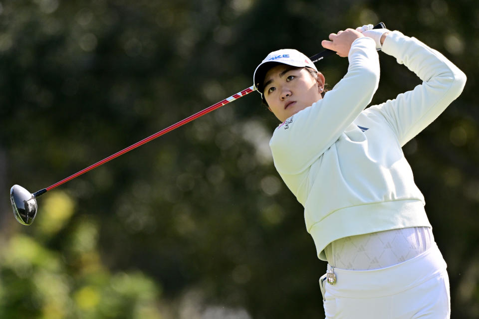 Rose Zhang of the United States plays her shot from the ninth tee during the first round of the Hilton Grand Vacations Tournament of Champions at Lake Nona Golf & Country Club on January 18, 2024 in Orlando, Florida. (Photo by Julio Aguilar/Getty Images)