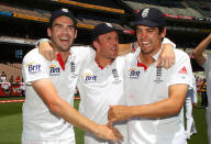 <p>Pictured celebrating England’s win at Melbourne, which saw them retain the Ashes, Cook scored 189 in the final Test at Sydney as Strauss’ side completed a series victory. Cook scored 766 runs in the series. (Getty Images) </p>