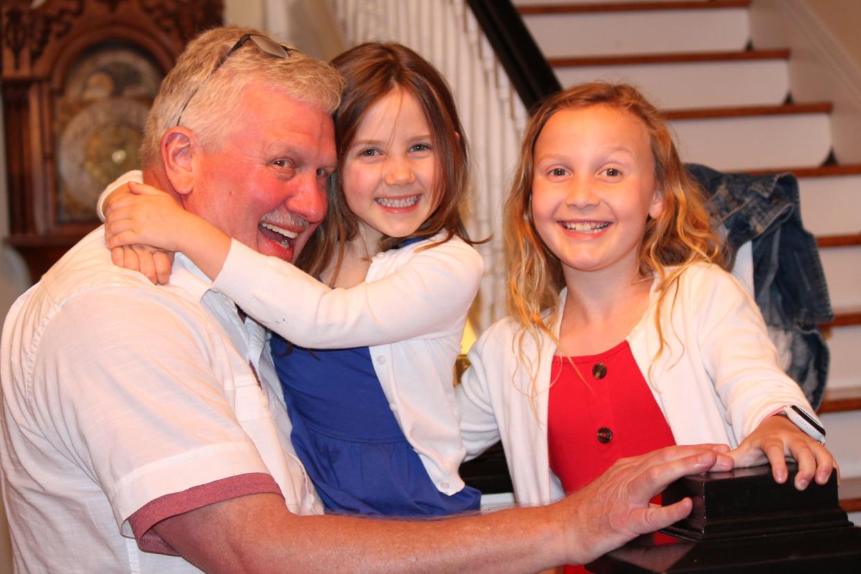 District Attorney Andrew Murray celebrates his primary win Tuesday night with his granddaughters, Amelia and Charlee, at Elizabeth Leigh Inn.