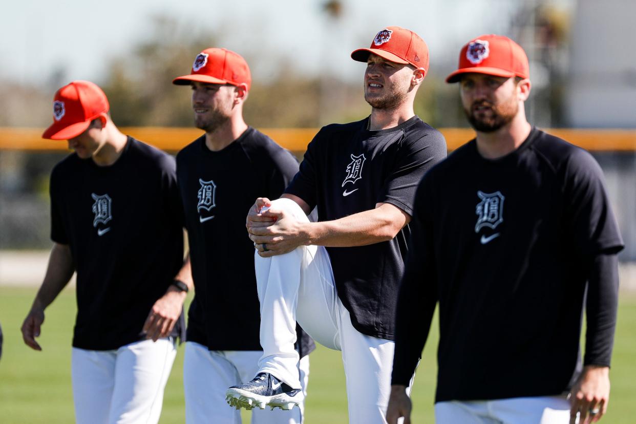 Detroit Tigers pitchers include Joey Wentz, Matt Manning and Casey Mize warm up during spring training at Tigertown in Lakeland, Fla. on Wednesday, Feb. 14, 2024.