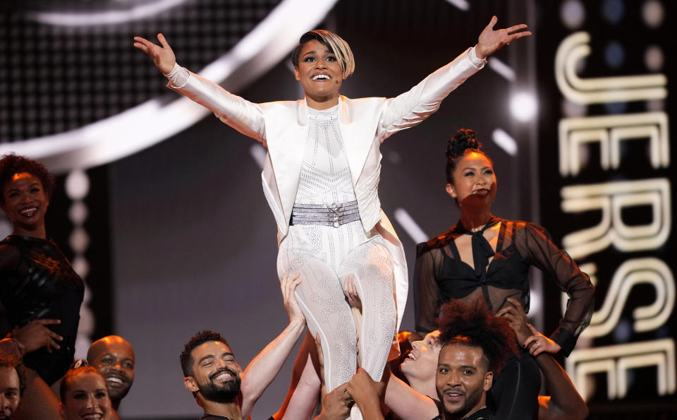 Host Ariana DeBose performs at the 75th annual Tony Awards on Sunday, June 12, 2022, at Radio City Music Hall in New York. (Photo by Charles Sykes/Invision/AP)