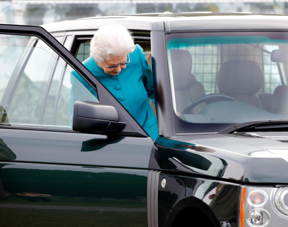 WINDSOR, UNITED KINGDOM - JULY 01: (EMBARGOED FOR PUBLICATION IN UK NEWSPAPERS UNTIL 24 HOURS AFTER CREATE DATE AND TIME) Queen Elizabeth II seen getting into her Range Rover car as she attends day 1 of the Royal Windsor Horse Show in Home Park, Windsor Castle on July 1, 2021 in Windsor, England. (Photo by Max Mumby/Indigo/Getty Images)