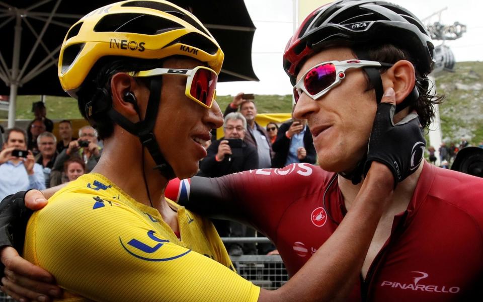 Egan Bernal (left) and Geraint Thomas (right) embrace - REUTERS