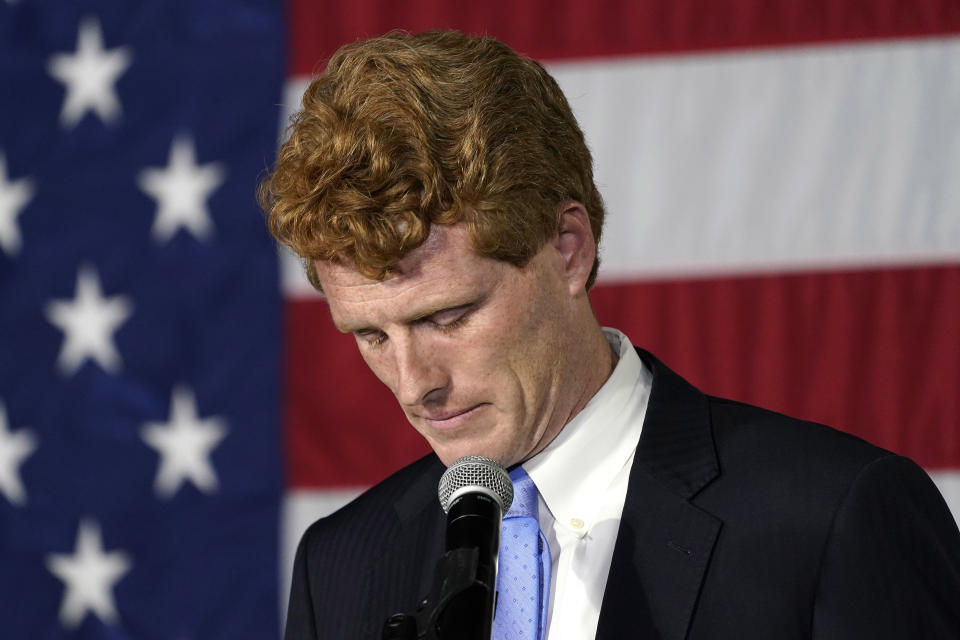 U.S. Rep. Joe Kennedy III speaks outside his campaign headquarters in Watertown, Mass., after conceding defeat to incumbent U.S. Sen. Edward Markey, Tuesday, Sept. 1, 2020, in the Massachusetts Democratic Senate primary. (AP Photo/Charles Krupa)