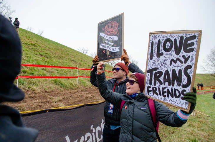 <span class="article__caption">There were no anti-transgender athlete protests this year, but there were some supportive signs in the crowd.</span> (Photo: William Tracy)