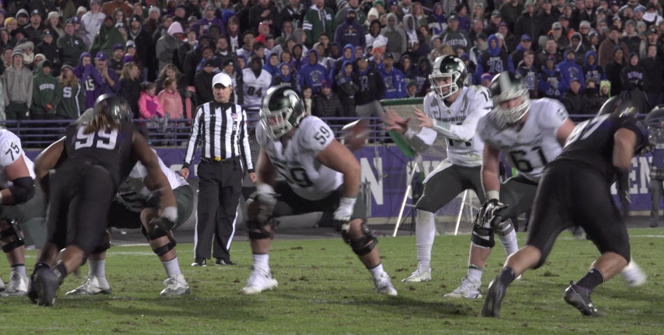 A field-angle look at Northwestern’s game-winning play against Michigan State in 2017, with Gaziano on the right.