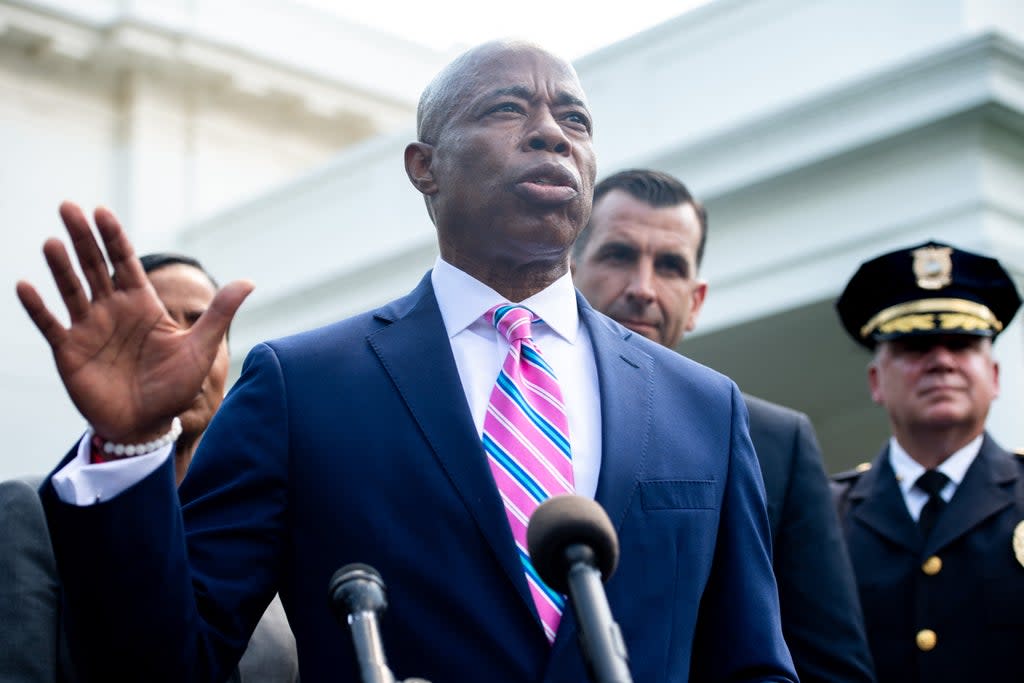 Brooklyn Borough President and New York City mayoral candidate Eric Adams (C) speaks to the media alongside other local and law enforcement officials outside the West Wing of the White House in Washington, DC, July 12, 2021 (AFP via Getty Images)