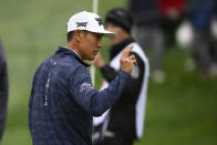 James Hahn reacts on the 18th green during the second round of the Wells Fargo Championship golf tournament, Friday, May 6, 2022, at TPC Potomac at Avenel Farm golf club in Potomac, Md. (AP Photo/Nick Wass)