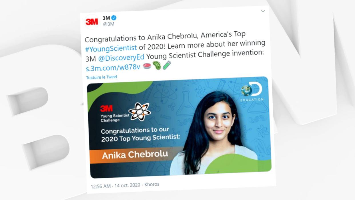 Anika Chebrolu a remporté le concours scientifique 3M Young Scientist Challenge. - Twitter - 3M