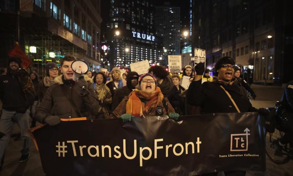 Demonstrators protest for transgender rights with a rally in Chicago.