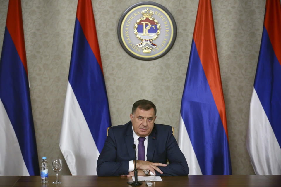 FILE Bosnian Serb member of the tripartite Presidency of Bosnia Milorad Dodik speaks during a press conference after talks with U.S. Deputy Assistant Secretary of State Gabriel Escobar in the capital Sarajevo, Bosnia, Nov. 8, 2021. The Biden administration on Wednesday, Jan. 5, 2022, announced sanctions against Bosnian Serb leader Milorad Dodik, accusing him of “corrupt activities” that threaten to destabilize the region and undermine peace accords. (AP Photo, File)