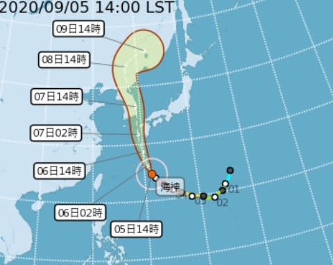 颱風海神在下午2點時，以每小時15公里速度，向北北西進行。（圖／翻攝自中央氣象局）