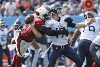 Arizona Cardinals linebacker Chandler Jones (55) sacks Tennessee Titans quarterback Ryan Tannehill (17) and forces a fumble that the Cardinals recovered in the second half of an NFL football game Sunday, Sept. 12, 2021, in Nashville, Tenn. (AP Photo/Mark Zaleski)