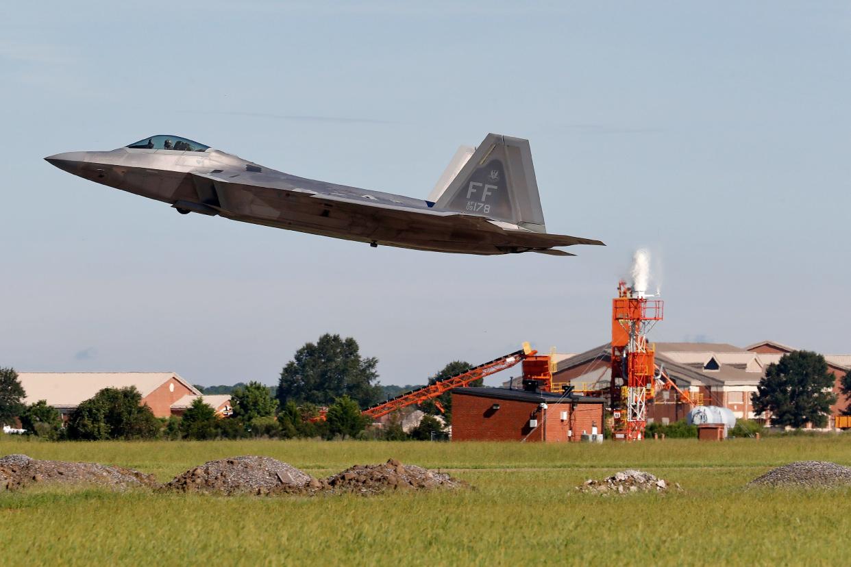An F-22 departs Langley Air Force Base, Va., on Sept. 11, 2018.