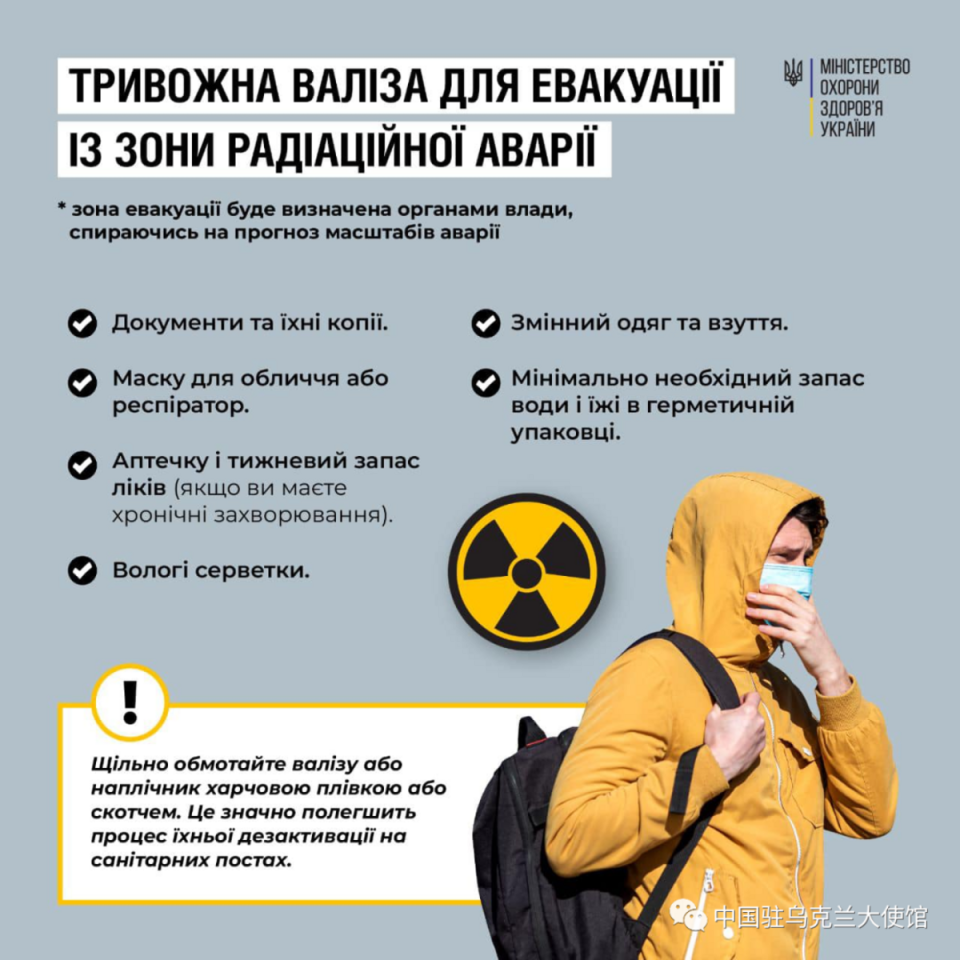 烏克蘭衛生部4日發布「核事故應對指南」，建議潛在輻射事故區的居民做好「撤離準備」。   圖：擷取自微信公眾號「中國駐烏克蘭大使館」