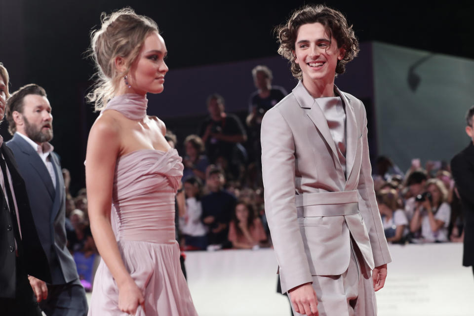 A photo of Lily-Rose Depp and Timothee Chalamet on the red carpet for "The King" premiere at the 76th Venice Film Festival at Sala Grande on September 02, 2019 in Venice, Italy.