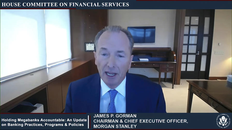 This image from video provided by the House Financial Services Committee shows Morgan Stanley CEO James Gorman testifying virtually to the House Financial Services Committee Thursday, May 27, 2021. (House Financial Services Committee via AP)