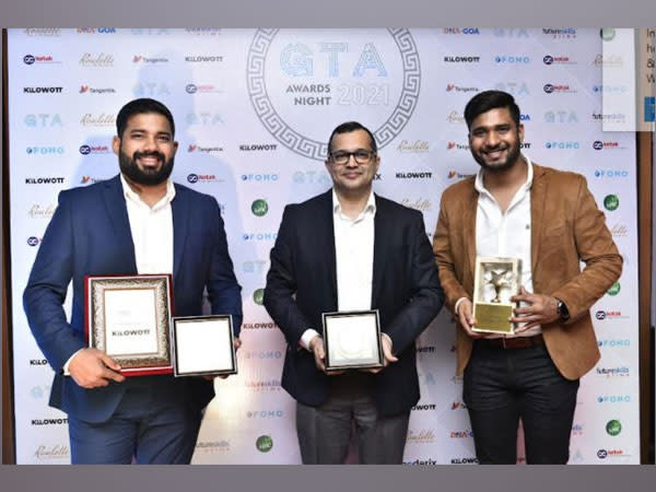 Co-founder Judah Fernandez, COO of Kilowott Nitish Raikar along with Co-founder Caleb Fernandez on receiving the awards from GTA