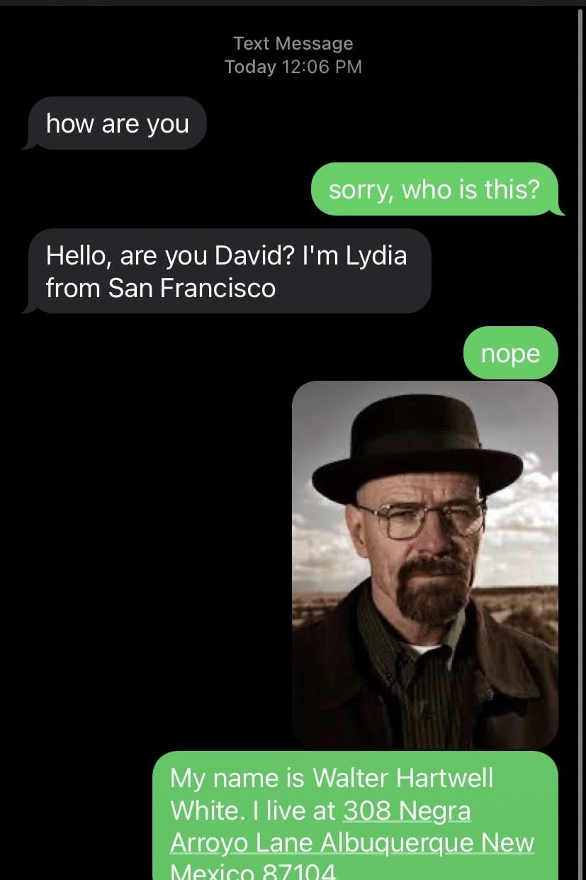 Person asks if they're "David," and person responds no, "My name is Walter Hartwell White" in Albuquerque, and attaches a photo of Walter White from Breaking Bad