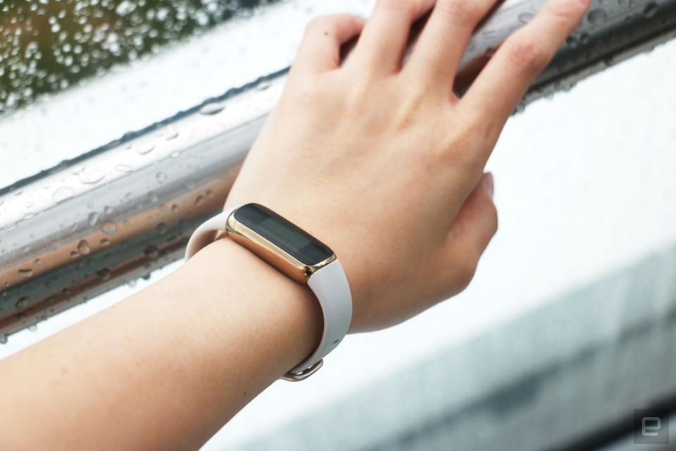 <p>The Fitbit Luxe with a light pink silicone band on a wrist leaning on a wet railing. The screen is off.</p> 