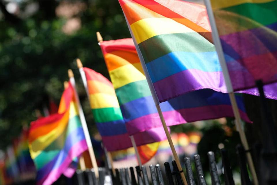 Pride Flags decorate Christopher Park on June 22, 2020, in New York City. (Photo by Dimitrios Kambouris/Getty Images,)