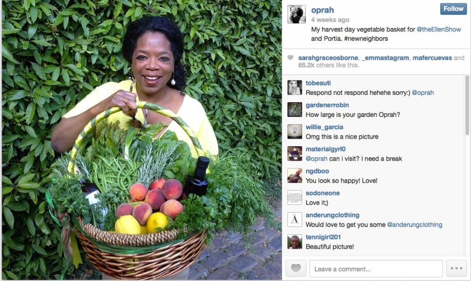 Oprah goes green with a bountiful fruit and veggie basket.