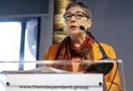 Ann Coffey speaks during a press conference to announce the new political party, The Independent Group, in London, Monday, Feb. 18, 2019. Seven British Members of Parliament say they are quitting the main opposition Labour Party over its approach to issues including Brexit and anti-Semitism. Many Labour MPs are unhappy with the party's direction under leader Jeremy Corbyn, a veteran socialist who took charge in 2015 with strong grass-roots backing. (AP Photo/Kirsty Wigglesworth)