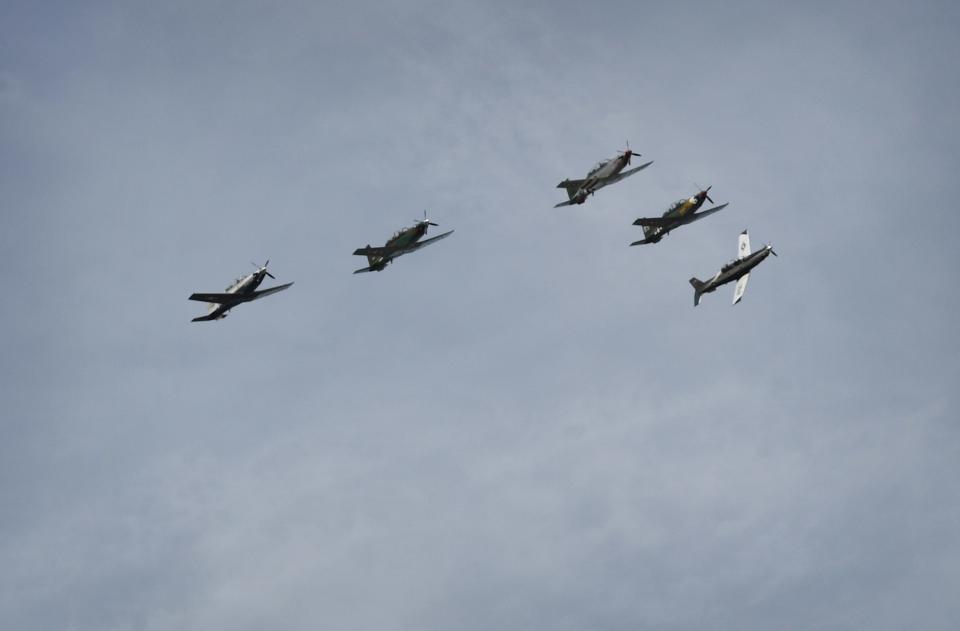 A formation of T-6 planes from Sheppard Air Force Base flies over United Regional Hospital, as shown in this May 1, 2020, file photo, in a mission of gratitude called Operation Spirit Over Texoma to thank all the healthcare professionals and their work against COVID-19.