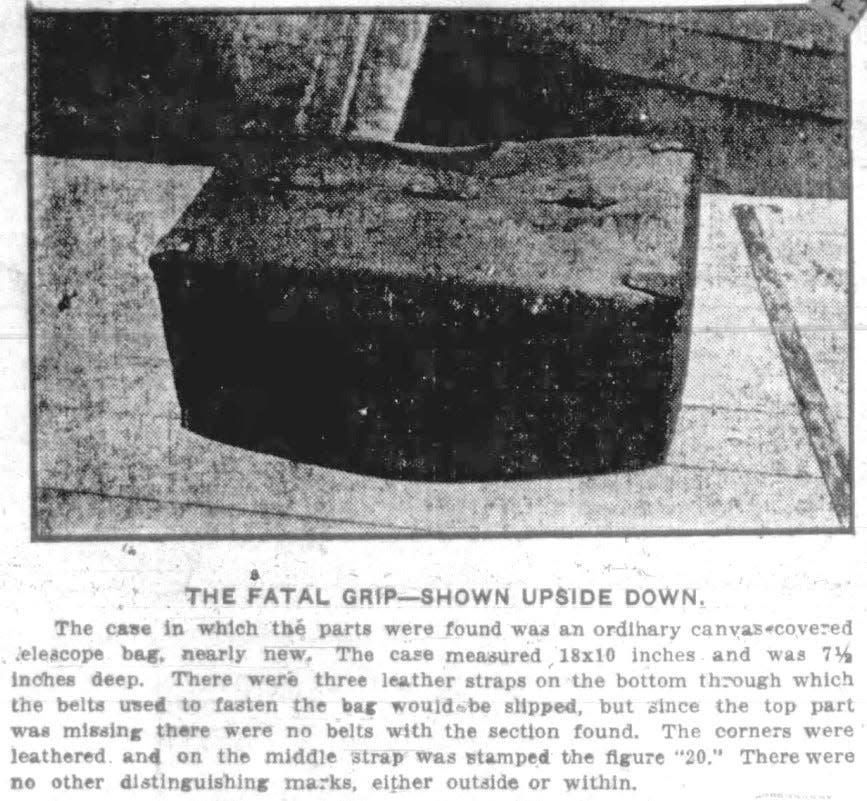 A photo from the Fall River Herald of 1909 reveals the canvas bag in which were stuffed the severed legs of Amelia St. Jean.