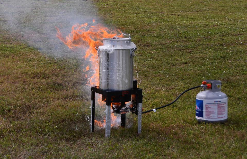 A Florida fire department hosted a public service awareness event to spread the word about dangers in deep frying a turkey. Firefighters from Melbourne dropped a frozen turkey into hot peanut oil, causing a fire. Even using a safe cooker, there were fire hazards.