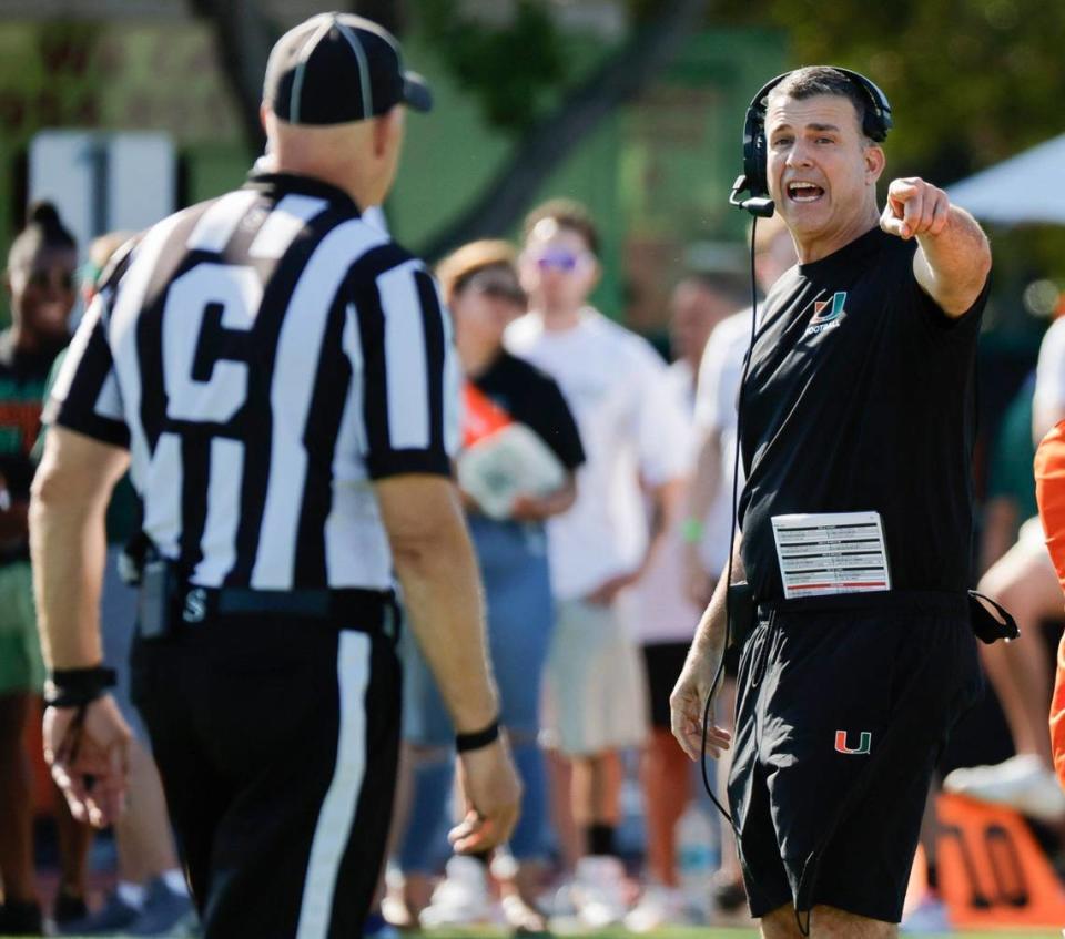 Miami Hurricanes head coach Mario Cristobal reacts during the Canes spring football game at the University of Miami’s Cobb Stadium in Coral Gables, Florida on Saturday, April 13, 2024.