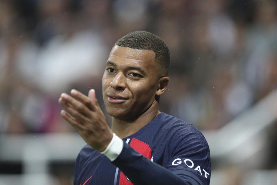 PSG's Kylian Mbappe reacts during the Champions League group F soccer match between Newcastle and Paris Saint Germain at St. James' Park, Wednesday, Oct. 4, 2023, in Newcastle, England. (AP Photo/Scott Heppell)