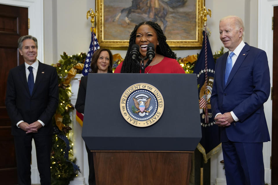 Cherelle Griner, wife of WNBA star Brittney Griner, speaks after President Joe Biden announced Brittney Griner's release in a prisoner swap with Russia, Thursday, Dec. 8, 2022, in the Roosevelt Room of the White House in Washington. Also attending are Secretary of State Antony Blinken, left, and Vice President Kamala Harris. (AP Photo/Patrick Semansky)