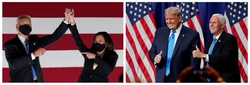 A combination picture shows Democratic presidential candidate Joe Biden, U.S. Senator and Democratic candidate for Vice President Kamala Harris, U.S. President Donald Trump and Vice President Mike Pence