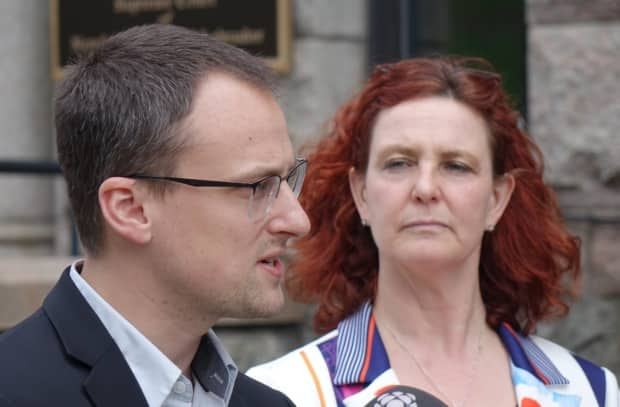 NDP Leader Alison Coffin and lawyer Kyle Rees — seen outside Supreme Court in St. John's on Wednesday — had argued unsuccessfully for a recount in the district of St. John's East-Quidi Vidi.  (Patrick Butler/Radio-Canada - image credit)