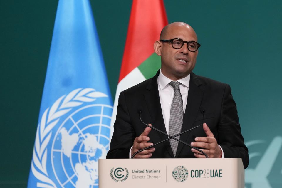 United Nations Climate Chief Simon Stiell speaks during a plenary session at the COP28 U.N. Climate Summit, Wednesday, Dec. 13, 2023, in Dubai, United Arab Emirates. (AP Photo/Kamran Jebreili)