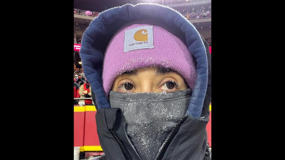 Kansas City Star visual journalist Emily Curiel had frosty eyelashes while shooting the AFC Wild Card game in the subzero weather Saturday at GEHA Field at Arrowhead Stadium.