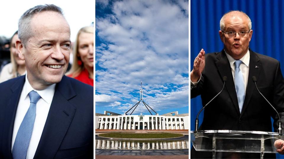 Labour vs Liberal in the Federal Election 2019: Picture of Parliament House, Bill Shorten and Scott Morrison.