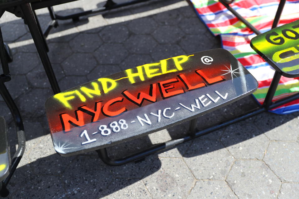 <p>Students from I.S. 117 Joseph H. Wade in the Bronx created this as part of an artwork on the social issue of mental health in Union Square Park, New York City on June 5, 2018. (Photo: Gordon Donovan/Yahoo News) </p>