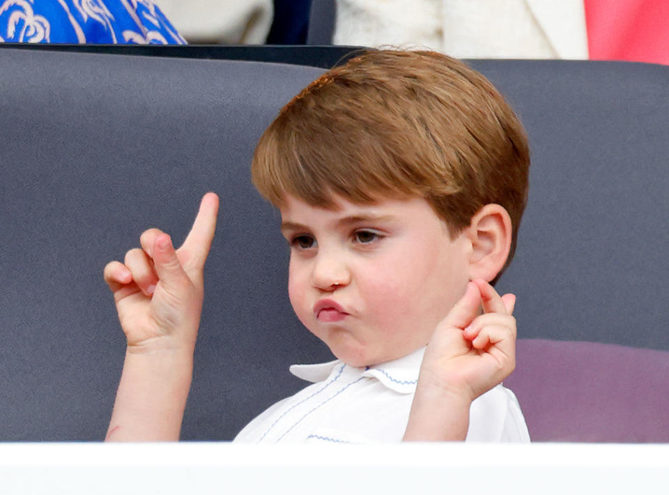 LONDON, UNITED KINGDOM - JUNE 05: (EMBARGOED FOR PUBLICATION IN UK NEWSPAPERS UNTIL 24 HOURS AFTER CREATE DATE AND TIME) Prince Louis of Cambridge attends the Platinum Pageant on The Mall on June 5, 2022 in London, England. The Platinum Jubilee of Elizabeth II is being celebrated from June 2 to June 5, 2022, in the UK and Commonwealth to mark the 70th anniversary of the accession of Queen Elizabeth II on 6 February 1952. (Photo by Max Mumby/Indigo/Getty Images)