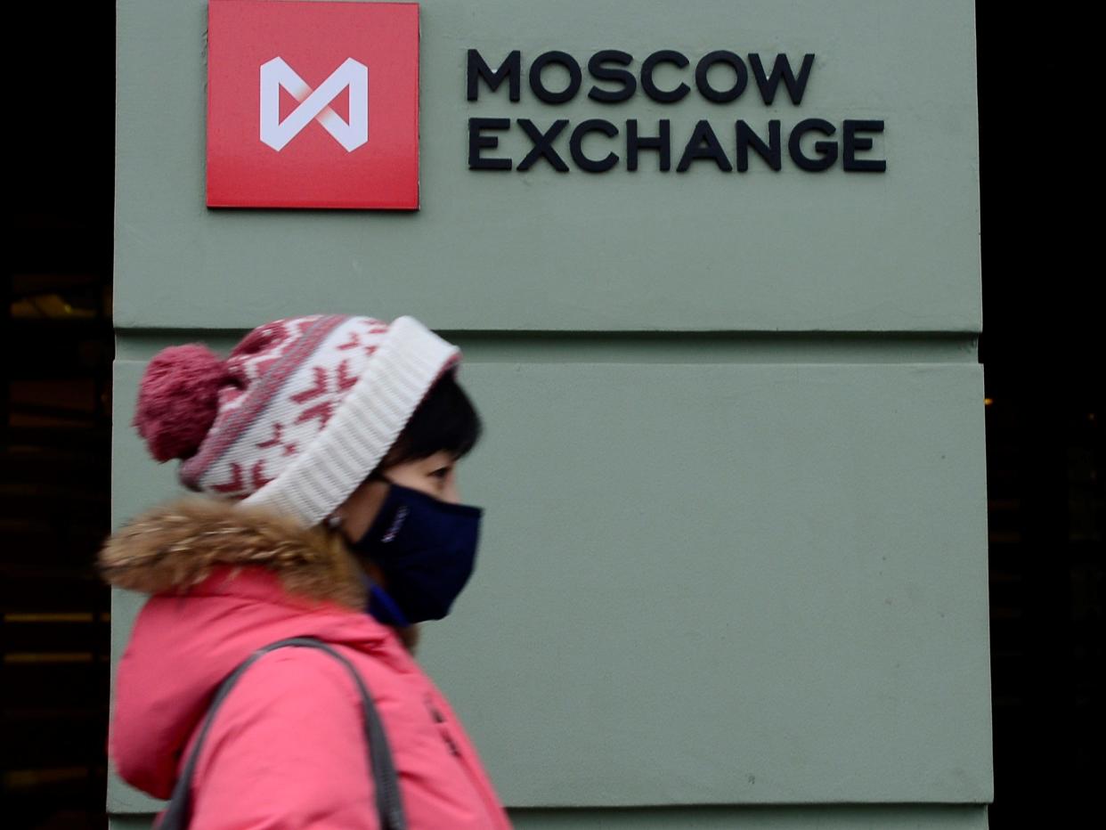 A logo sits on display at the entrance to the headquarters of the Micex-RTS Moscow Exchange, in Moscow, Russia on January, 26,2016.