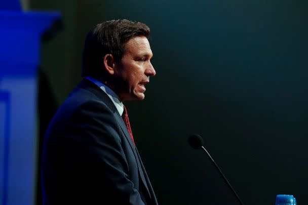 PHOTO: Florida Gov. Ron DeSantis speaks at an event, April 6, 2023, in Hillsdale, Mich. (Chris Dumond/Getty Images)