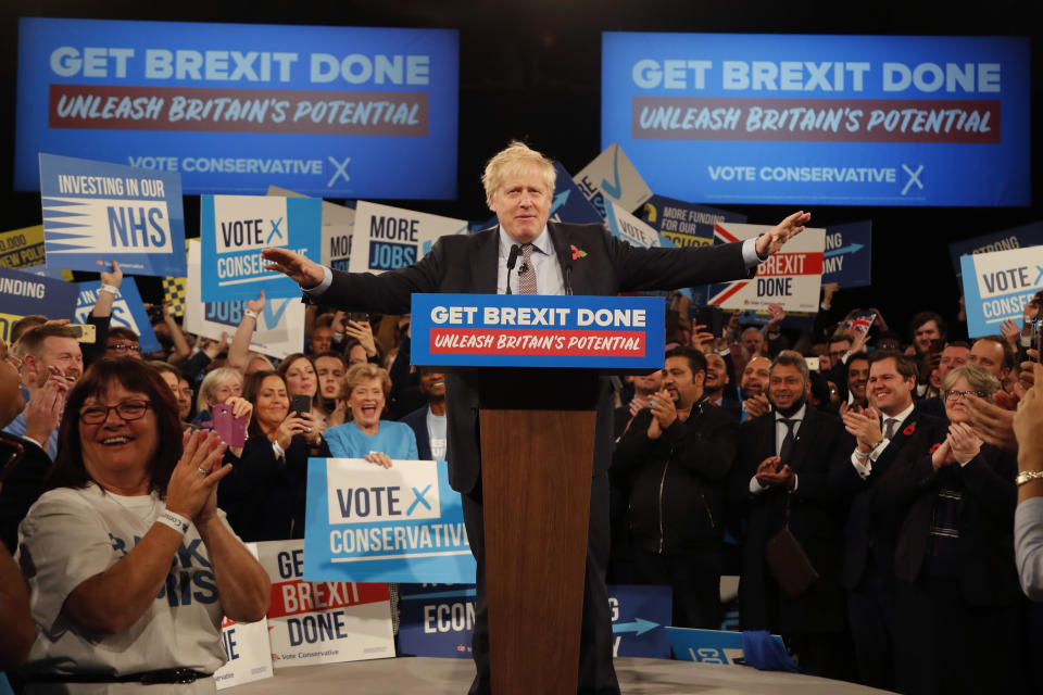 FILE - In this Wednesday, Nov. 6, 2019 file photo Britain's Prime Minister Boris Johnson speaks during an election campaign event for his ruling Conservative Party at the NEC, (National Exhibition Centre) in Birmingham, England. (AP Photo/Frank Augstein)