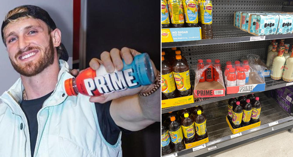 Left: Logal Paul wears a black baseball cap backwards as he smiles with a Prime Hydration drink in his hand. Right: A few Prime Hydration energy drinks can be seen left on the shelf at Woolworths. 