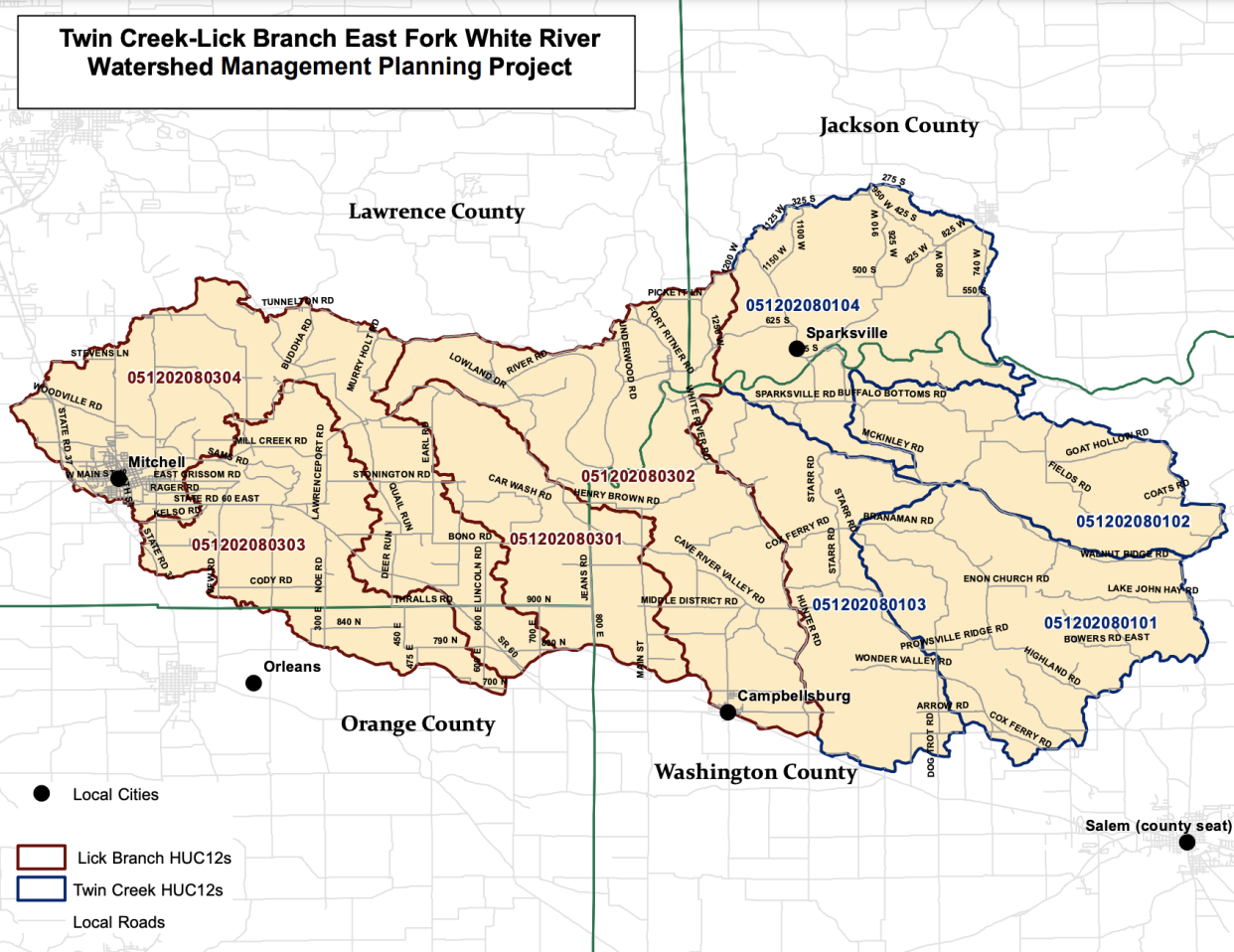A map outlining the Twin Creek Lick Branch Watershed boundaries.